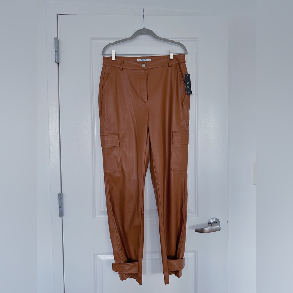 NA-KD Caramel Leather Cargo Pants